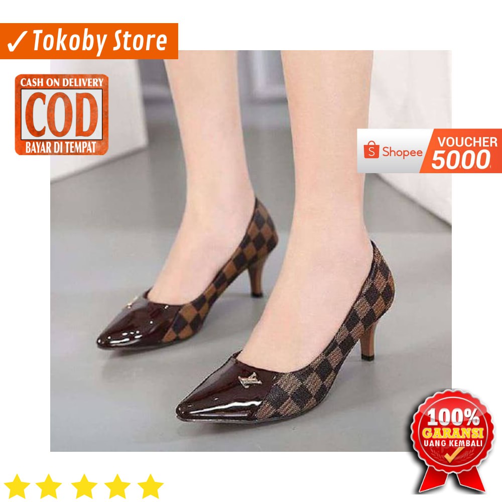 SEPATU HAK TINGGI WANITA HIGH HEELS SLIP ON FORMAL  KERJA KANTOR High heels LV SP050 Cokelat 36