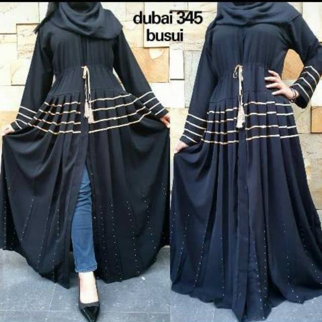 Abaya Dubai 345 - Abaya Gamis Hitam Pita Gold, Busui Friendly