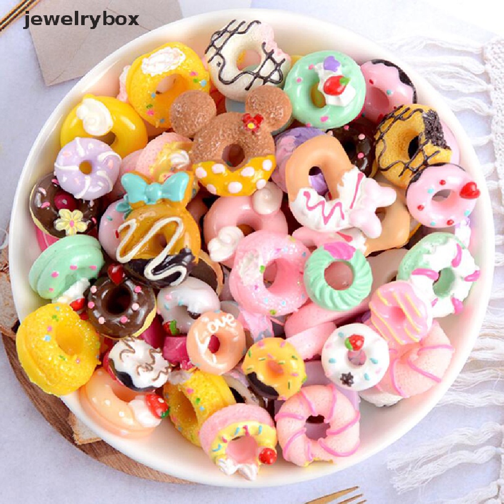 (jewelrybox) 10pcs / Set Mainan Miniatur Donat / Kue Bahan Resin Cabochon Untuk Dekorasi / DIY