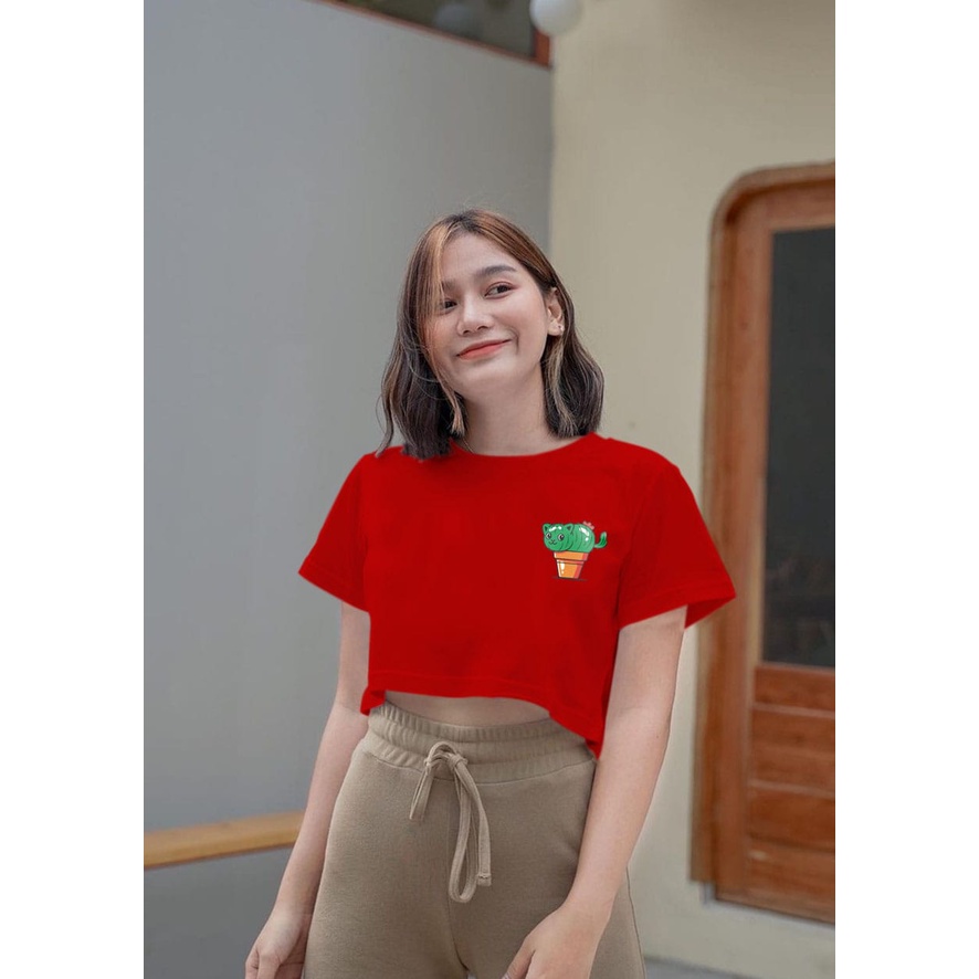 Flava_store - Crop Top Kaos Kucing Kaktus Murah Wanita