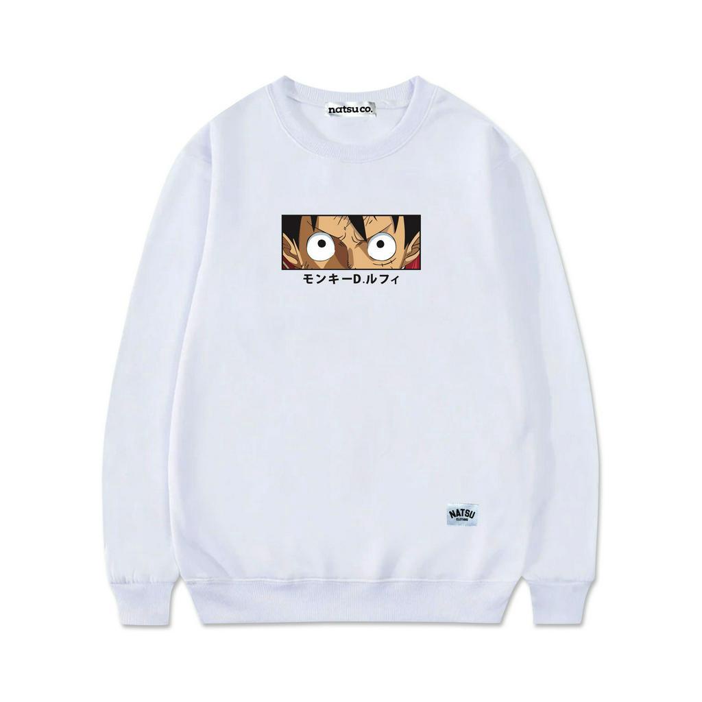 natsu.co Sweater Crewneck Pria Wanita Anime One Piece Monkey D. Luffy WhitePutih