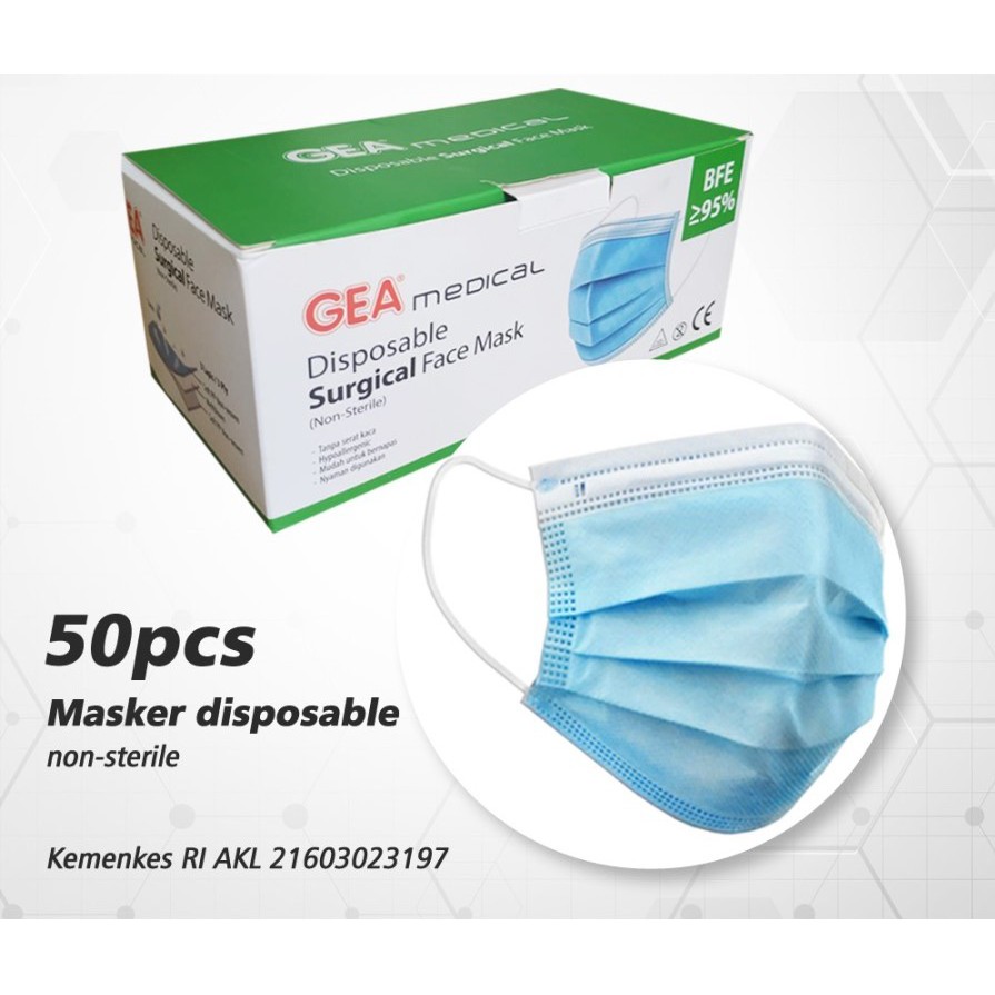 Masker Medis GEA MEDICAL Disposable Mask Isi 50 pcs 3ply Surgical Mask Ijin Kemenkes [SFM2]