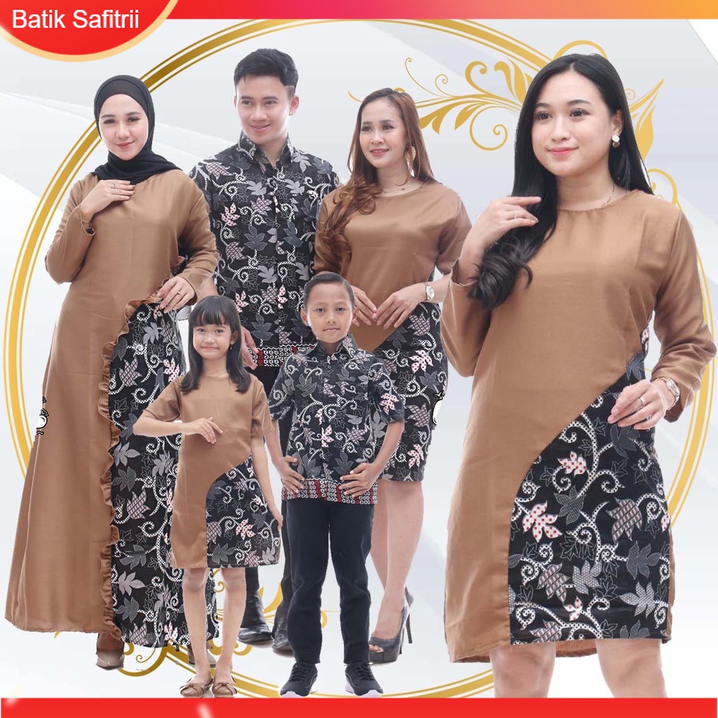 Couple Keluarga - Batik Keluarga Muslim Kombinasi - Ibu Bapak Anak - Motif Moscrep Coklat - Dress Tu