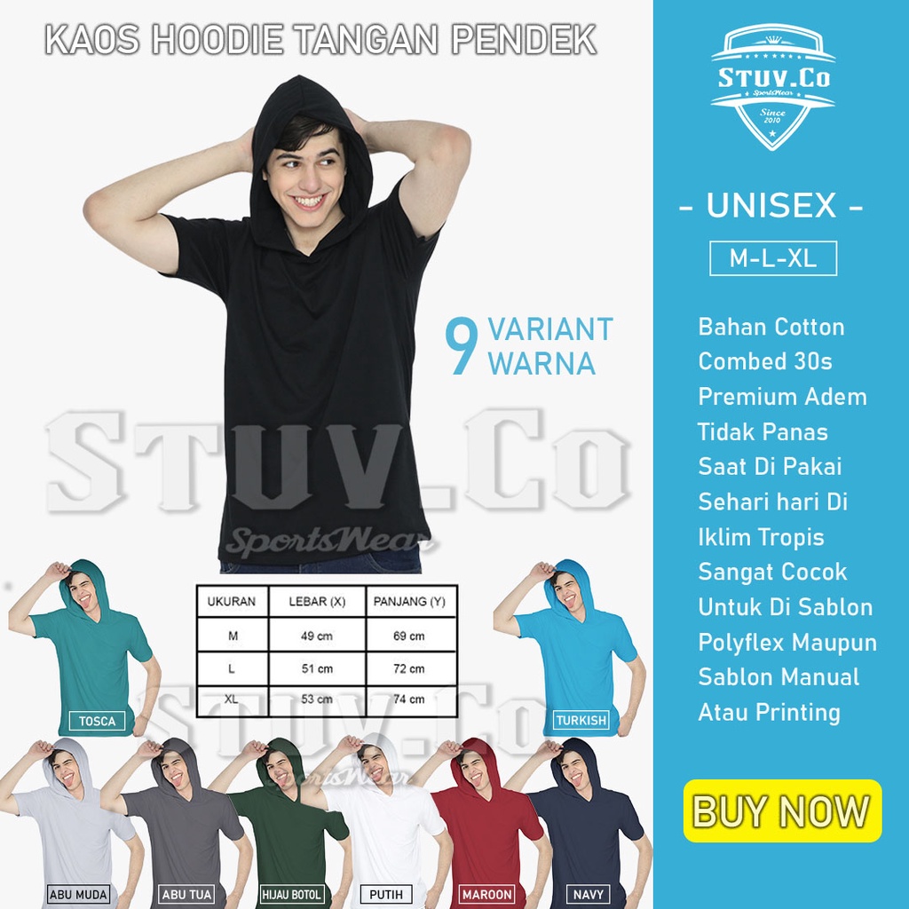 KAOS HOODIE POLOS KATUN COMBED 30S LENGAN PENDEK HITAM FASHION PRIA WANITA
