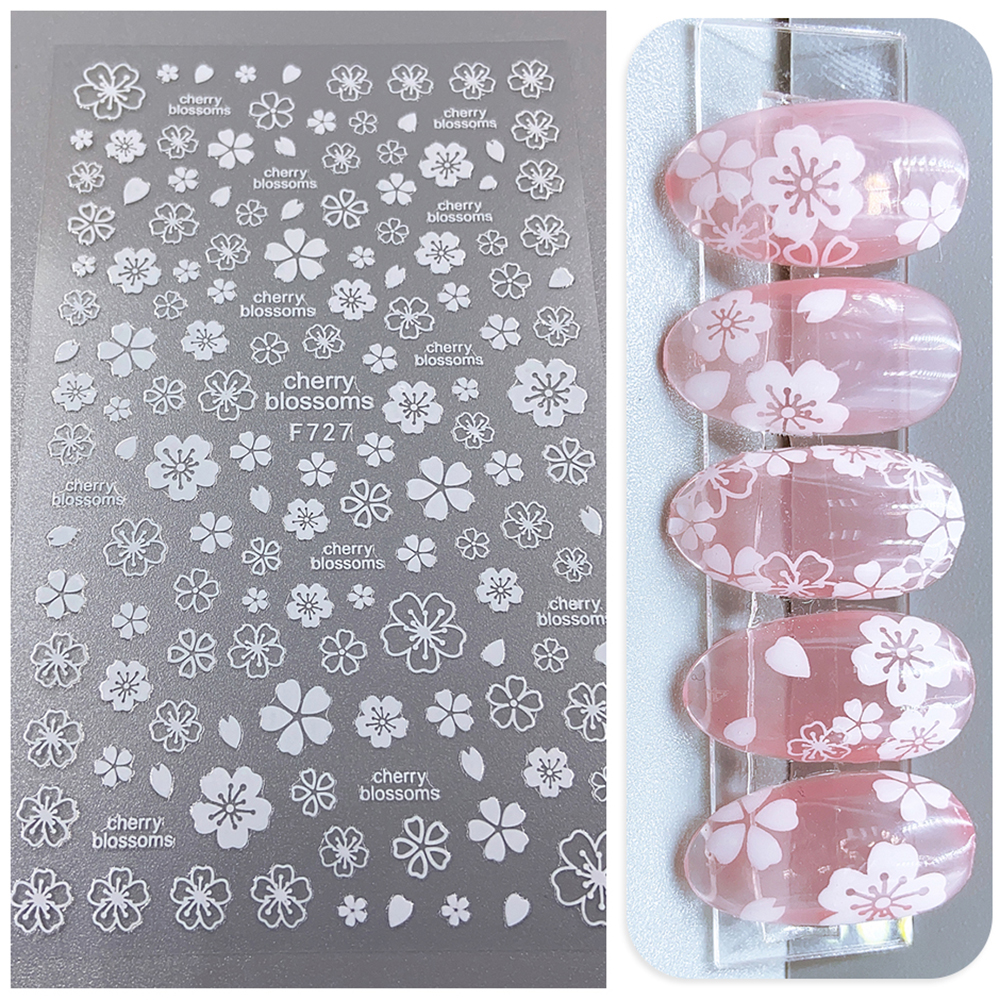 MXBEAUTY DIY 3D Cherry Blossoms Nail Sticker Leaves Manicure Nails Art Decoration Bronzing Gold White Adhesive Slider decals Sakura Nail decal