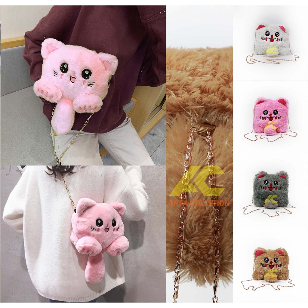 Tas Selempang bulu model Kucing / Selempang bulu lucu / tas boneka /Tas Bulu Boneka