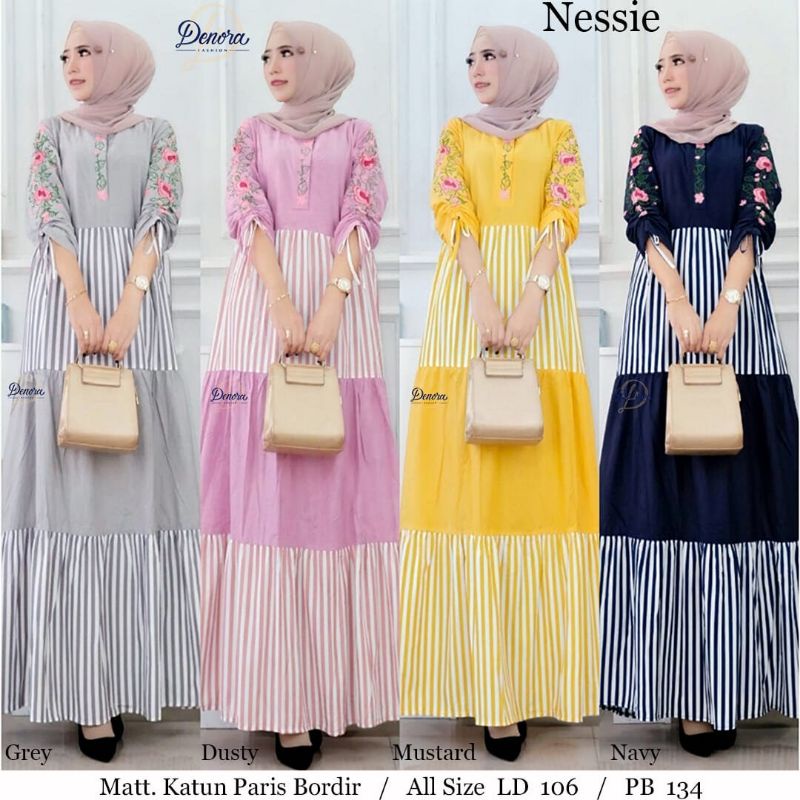GAMIS KATUN PARIS MOTIF POLOS MIX GARIS-GARIS + BORDIR BUNGA ORI NESSIE BY DENORA