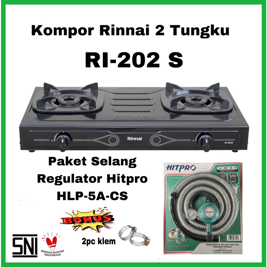 Paket Kompor Gas Rinnai 2 Tungku RI-202S Bonus Selang Regulator Gas Merk HITPRO