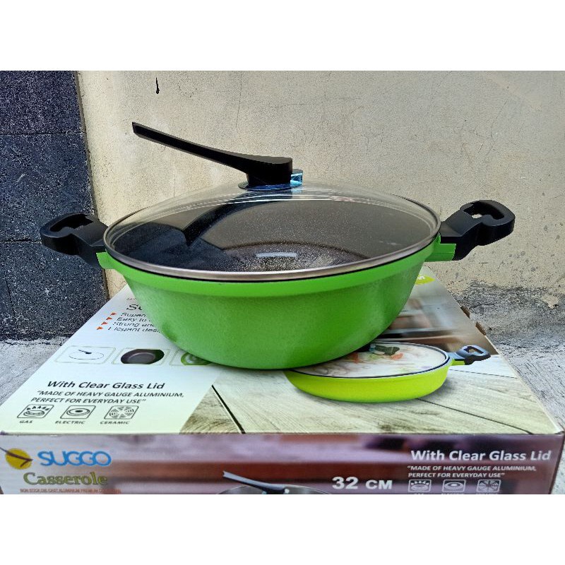 Wok Pan Casserole 32 Cm Suggo - Panci Wajan Gagang Tebal Anti Lengket Marble Coating Oven Bolu Kukus