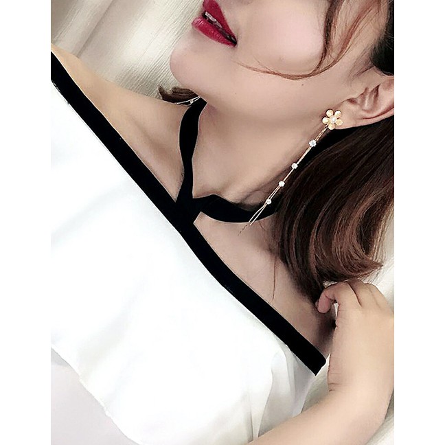 LRC Anting Tusuk Fashion Silver Flower Tassel Pearl Earrings F6213XX