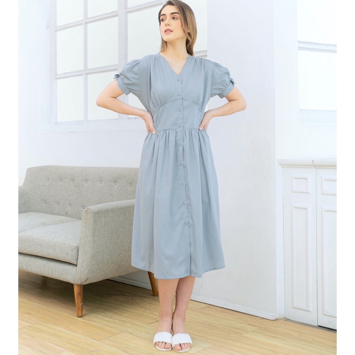 Cherry Dress - Dusty Blue - Rok Midi Dress Wanita Kancing Hidup