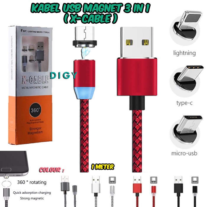 Kabel Data USB X-Cable , kabel magnet 3 in 1, panjang 1 m Charger Fast Charging Magnetik