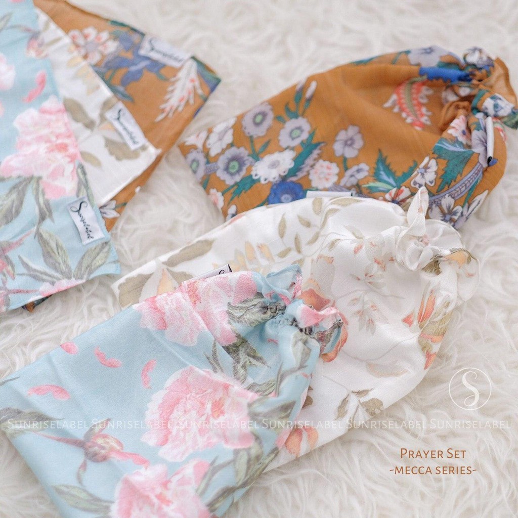 MUKENA MECCA SUNRISE LABEL MOTIF KATUN SILKY PREMIUM ADEM JUMBO TRAVEL POUCH CANTIK UNIK