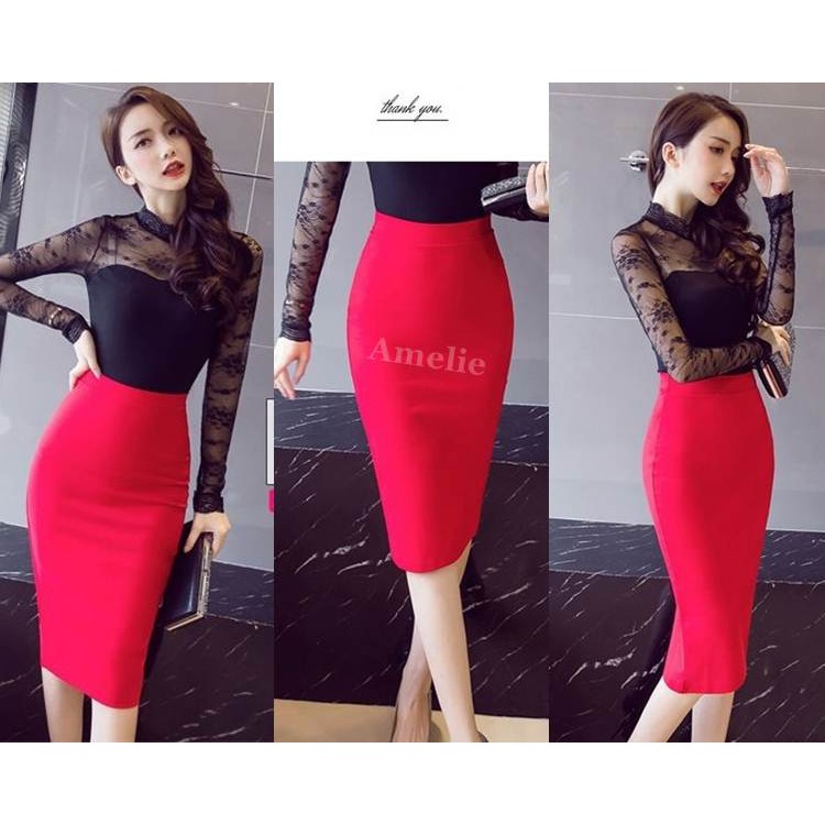 AB532956 Rok Span Panjang Midi Skirt Kerja Pesta Korea Import Red Merah