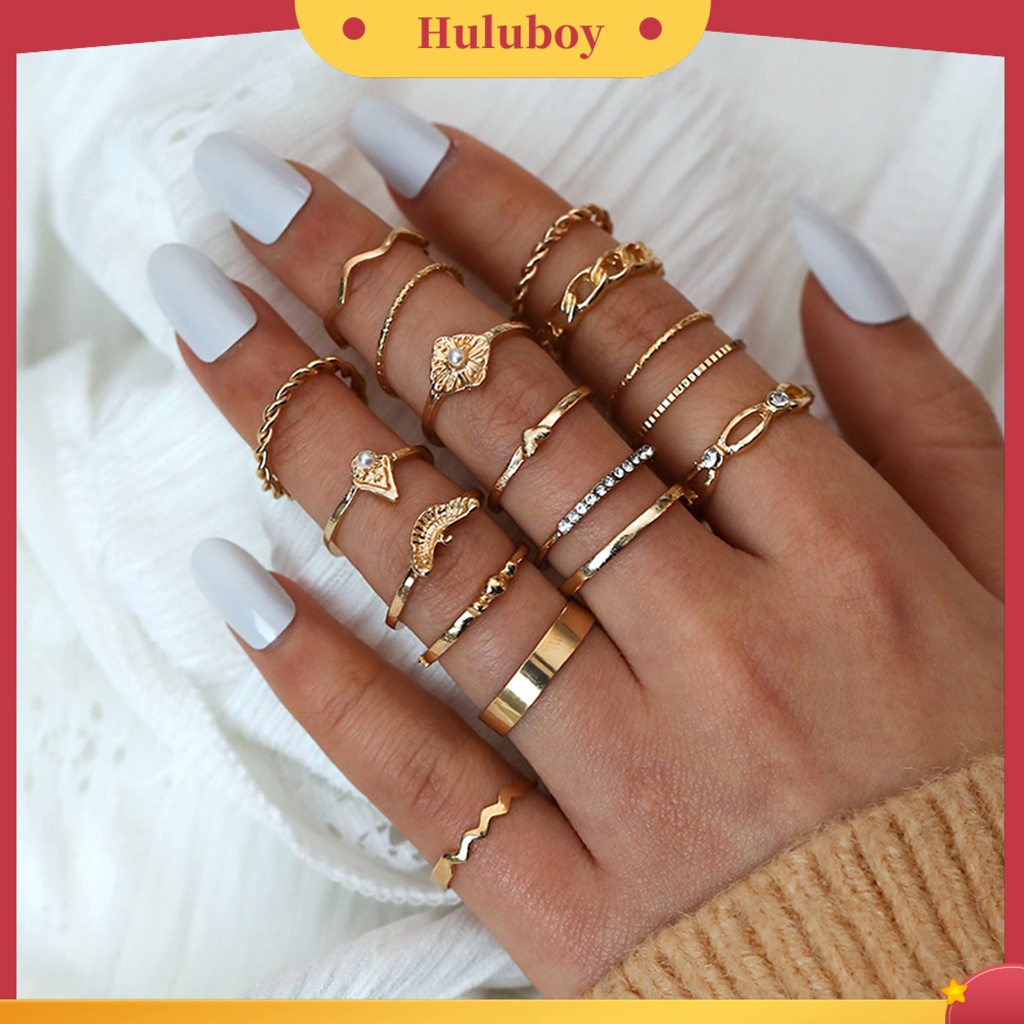 Hu Hu Hu Hu Hu Alat Bantu Pasang Kacamata♡ 17pcs Cincin Knuckle Hias Mutiara Berlian Imitasi Gaya Vintage Untuk Wanita