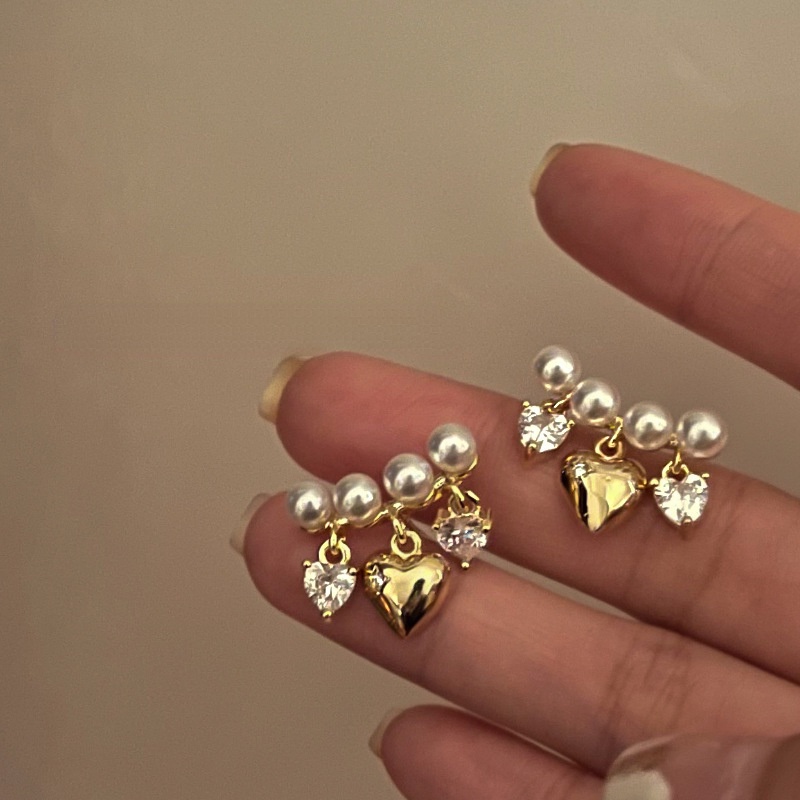 Anting Stud Panjang Desain Bunga Mutiara Silang Geometris Gaya Korea