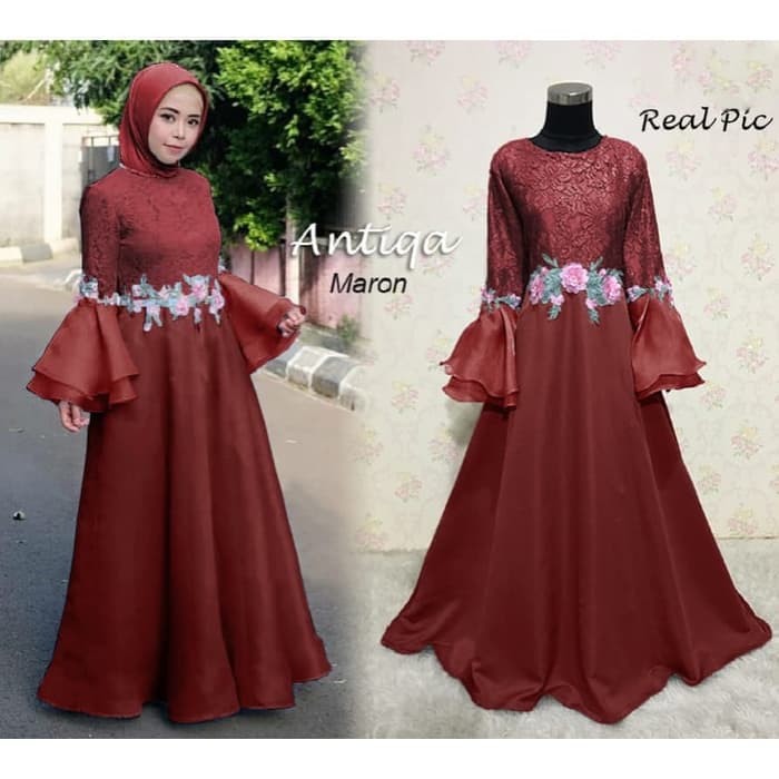 NISSA SABYAN  gamis pesta premium antiqa maron organza import dress remaja mewah