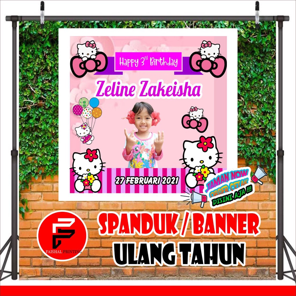 Spanduk / Banner / Backdrop Ulang Tahun Custom Tema hello kitty ukuran 1 x 1 m