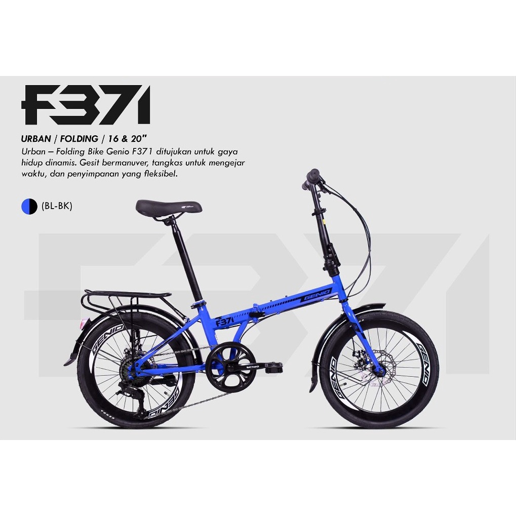 Sepeda Lipat Genio F371 F 371 mirip lunox Folding 16 Inch dan 20 Inch 7 speed SNI garansi resmi kirim seindonesia bisa cod cash kredit hitam biru kining silver abu grey blue black boncengan rem cakram-Blue Black
