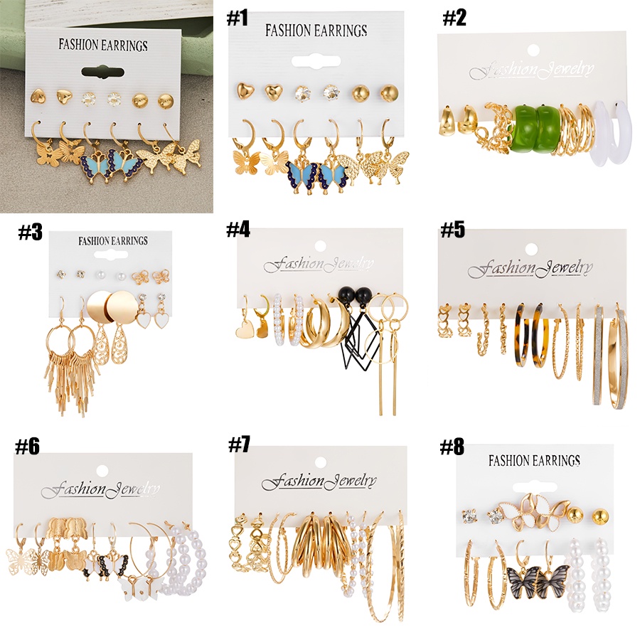 5pcs / 6pcs / set Anting Klip Telinga Kombinasi Desain Kupu-Kupu hollow Hias Mutiara Imitasi Untuk Pria / Wanita butterfly