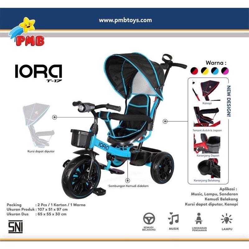 Sepeda Anak Tricycle IORA T17 PMB TOYS Roda Tiga Garansi Original SNI COD-Hitam Biru