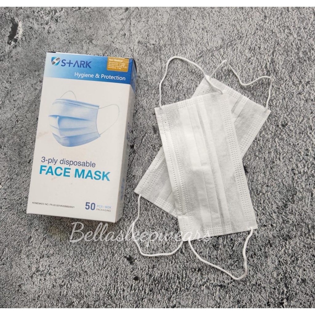 MASKER 3PLY STARK PUTIH WHITE PP 50 NON WOVEN EARLOOP DISPOSABLE FACE MASK ISI 50 PC