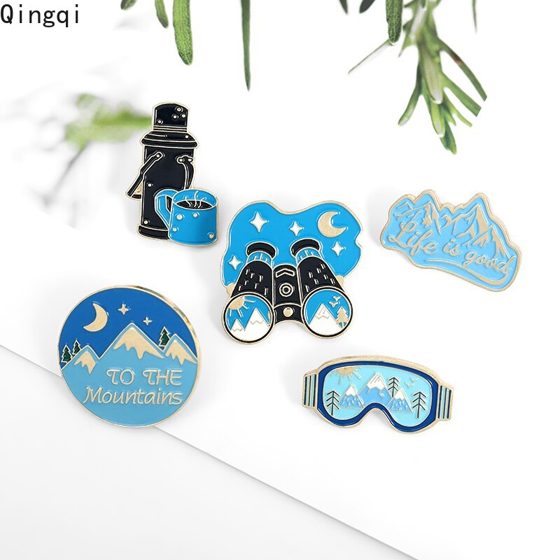 Outdoor Adventure Bros / Pin Enamel Bentuk Gunung / Kacamata / Teleskop / Thermos Untuk Aksesoris Pria / Wanita / Travel