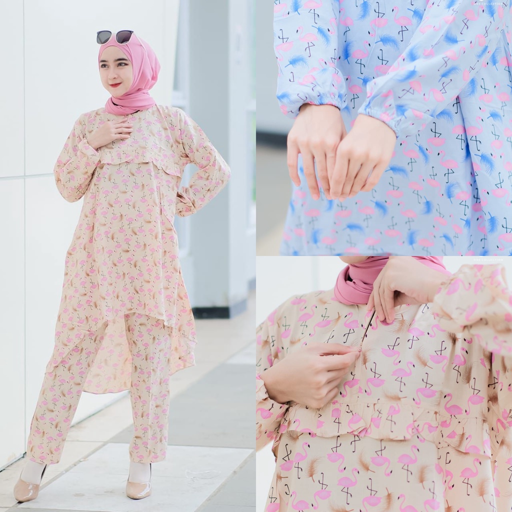 One set Celana Rayon MOTIF camelia abstrak tifany flamingo original JR ONE model bat cave homedress