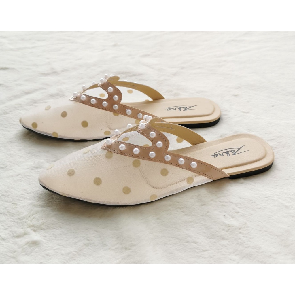 Arlaine - Talia selop wanita / sandal slop wanita / sandal brukat / flatshoes polkadot / sandal mutiara