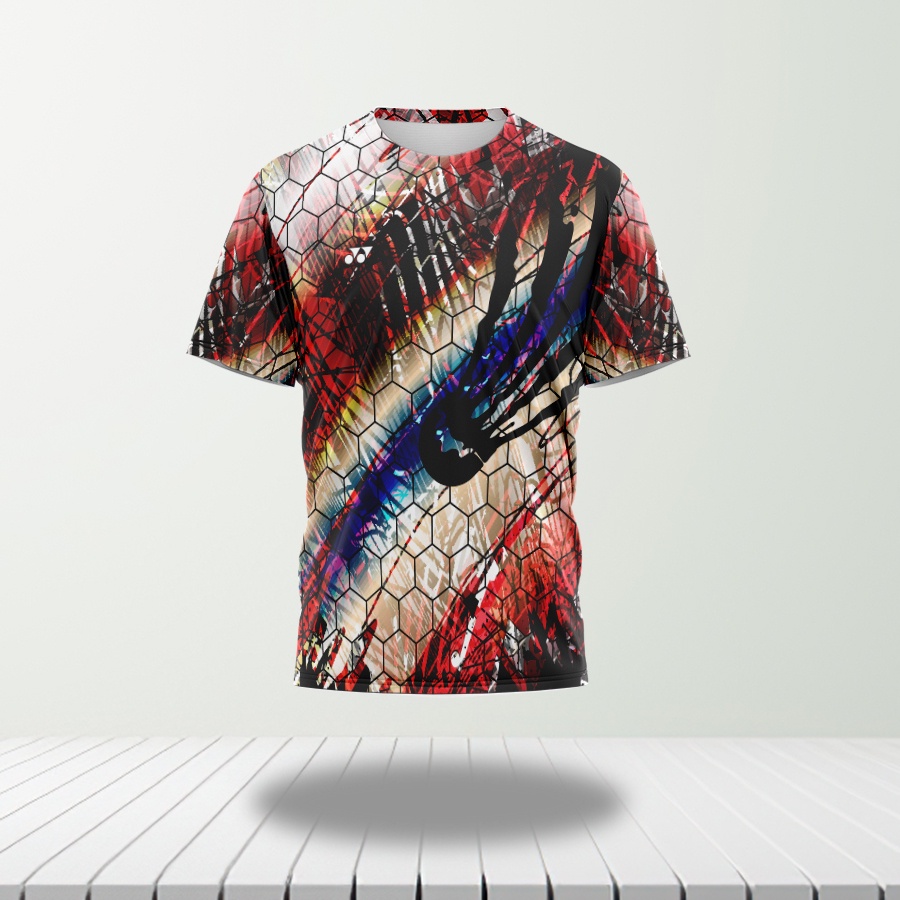 Baju Kaos Jersey Olahraga Badminton Bulutangkis Abstrak Pria Custom Full Printing Art 01