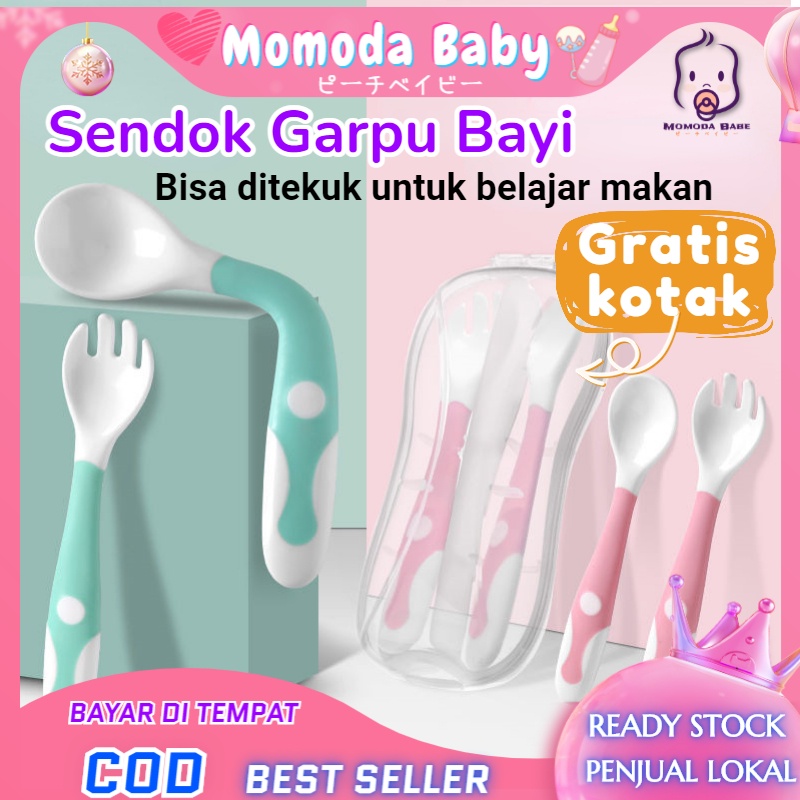 MOMO Set Sendok Garpu Bengkok Bahan Silikon Set Sendok Garpu BPA FREE  Safety Spoon Baby Alat Makan Bayi Sendok Bisa Ditekuk