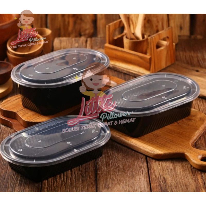 (ISI 25PCS - OVAL 1000ML HITAM) Thinwall OVAL 1000ml HITAM/ lunch box plastik/ kotak makan