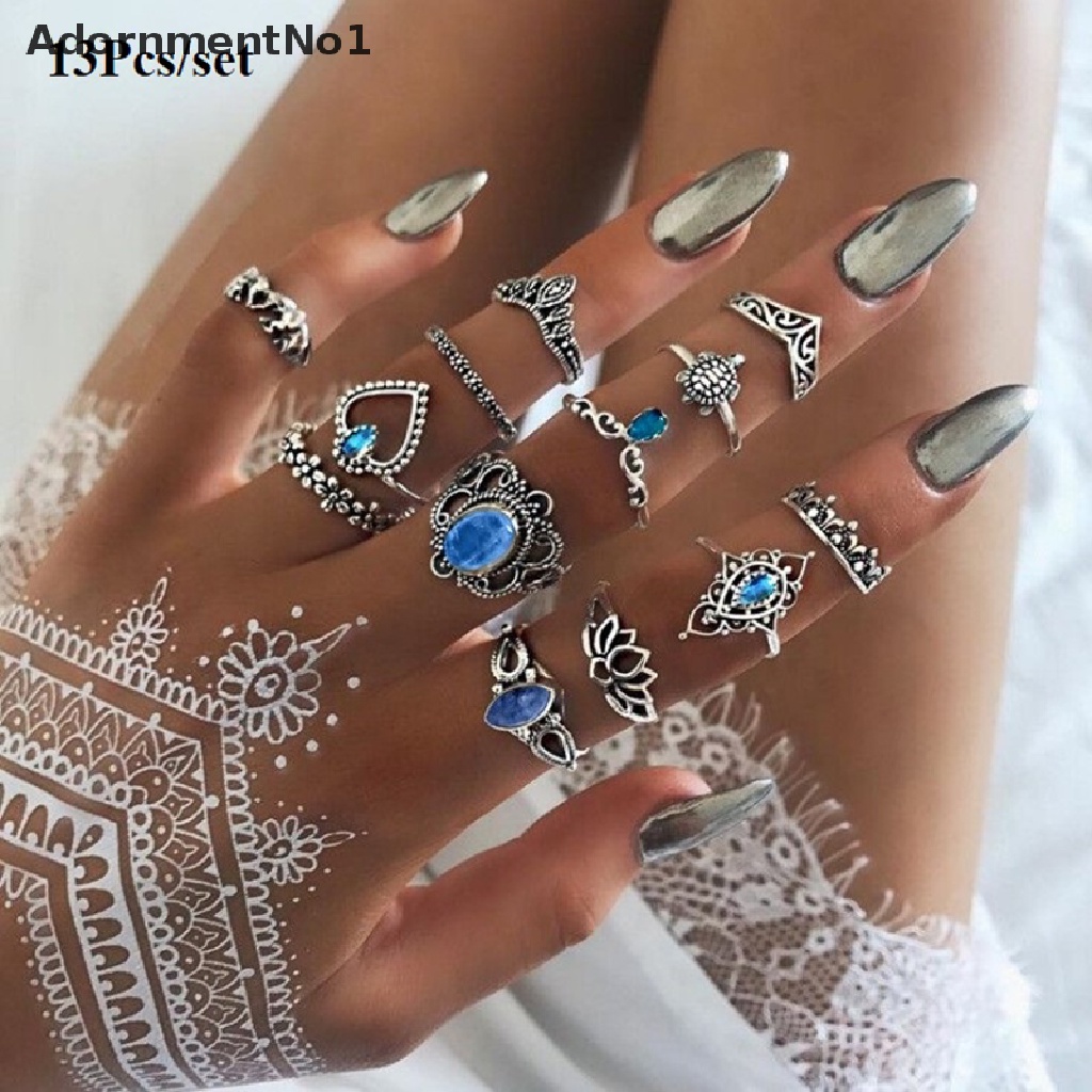 (AdornmentNo1) 13pcs / Set Cincin Gaya Retro Boho Bohemia Motif Bintang + Permata Untuk Perhiasan Wanita