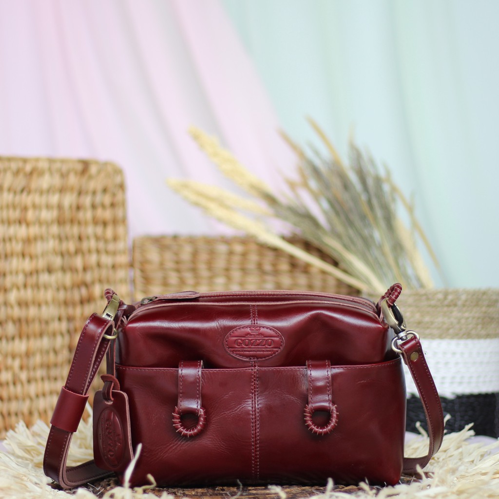 TAS KULIT WANITA SLEMPANG MOEL CITY SLING BAG MAROON / FREE GRAVIR NAMA DI GANTUNGAN TAS