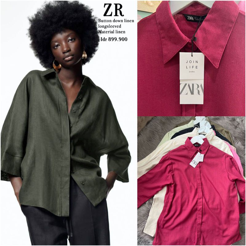 ZR linen tie belted longslevee blouse