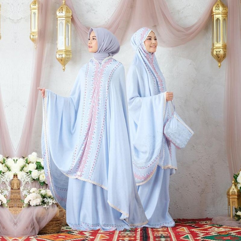 Mukena Baneska Border Galia Blue 2in1