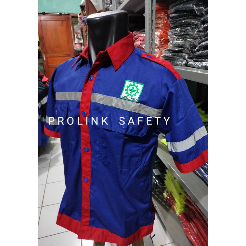 LENGAN PENDEK BIRU GARIS MERAH BAJU SAFETY