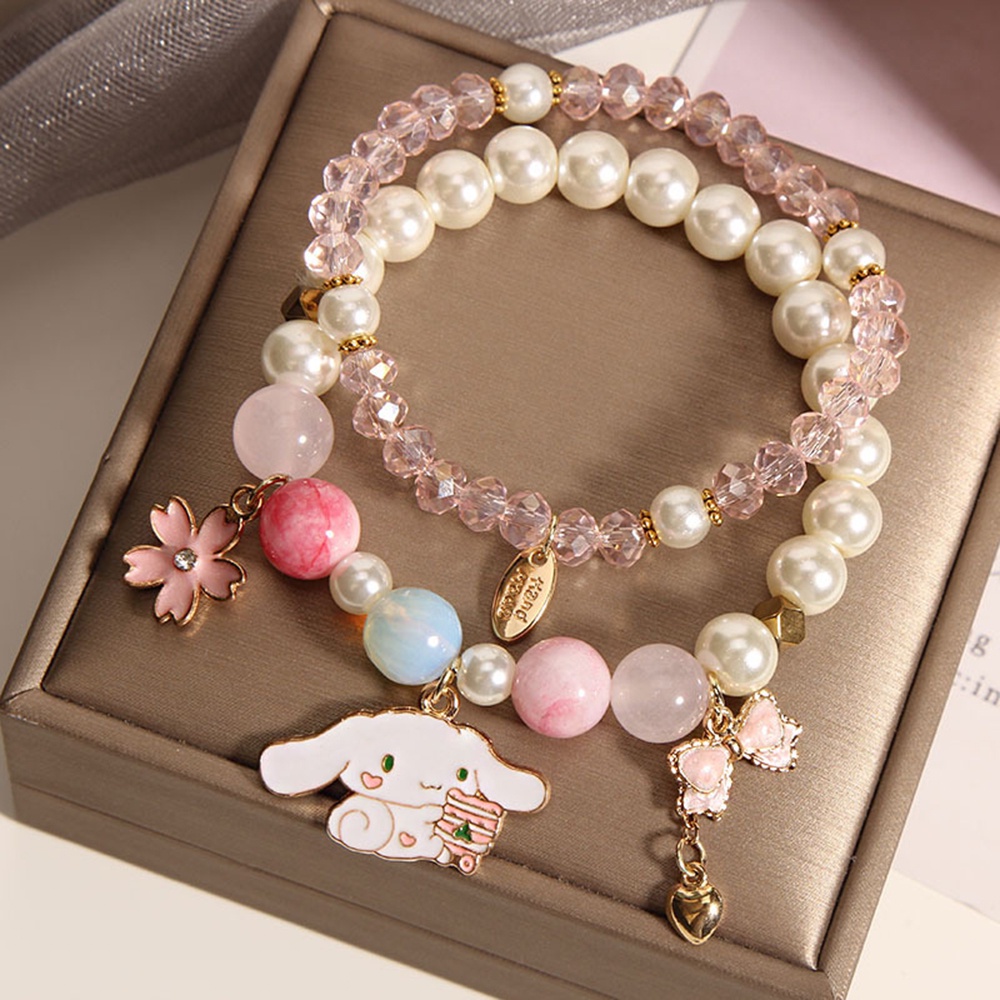 2pcs Gelang Manik-Manik Kristal Mutiara Dengan Liontin Kartun Lucu Untuk Wanita