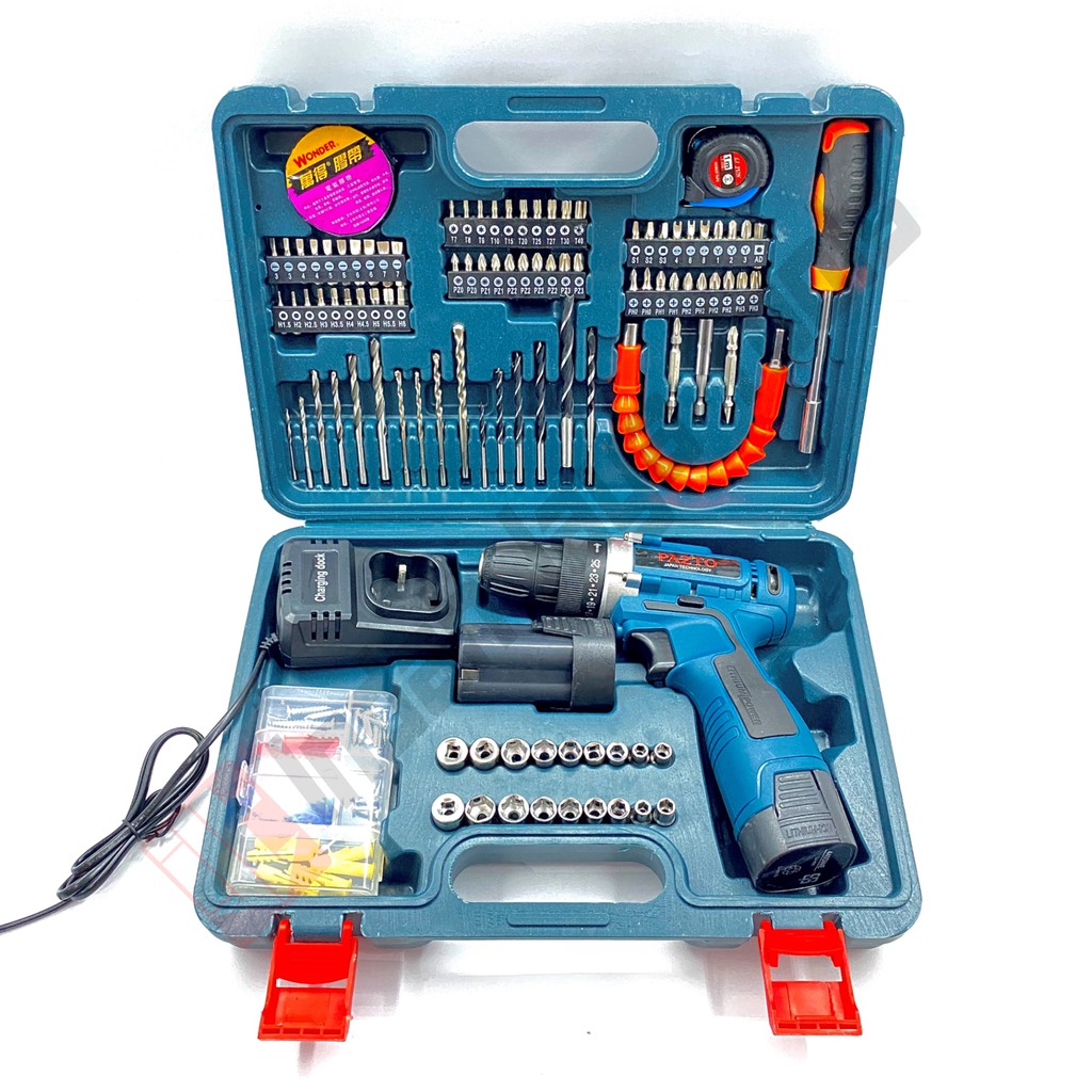 PAZTO 118 Pcs Cordless Drill 16.8V - Mesin Bor Besi Kayu Baterai Cas Charger + Mata Bor Obeng Set