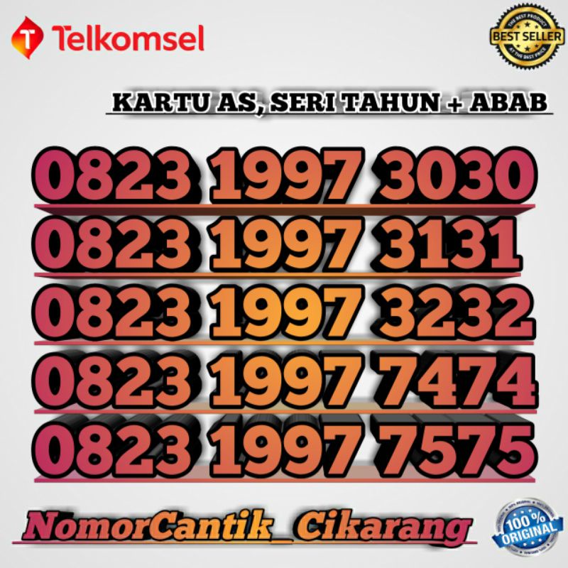 NOMOR CANTIK TELKOMSEL KARTU AS SERI TAHUN + ABAB SUPER 1997 3030 / 3131 / 3232 / 7474 / 7575 / 1998