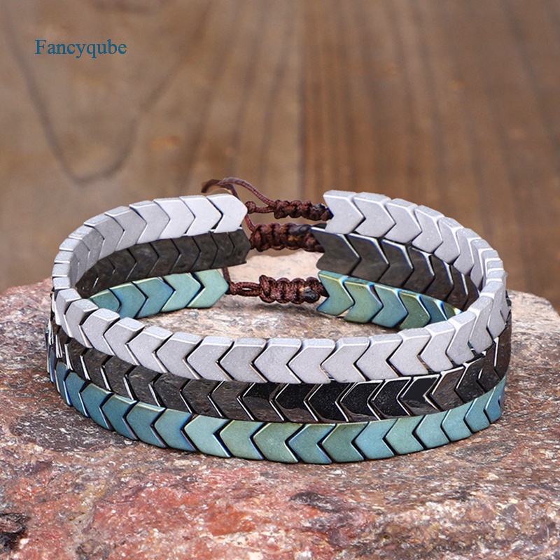 Fancyqube Gelang Hematite Cubic Zirconia Handmade Adjustable Untuk Pria