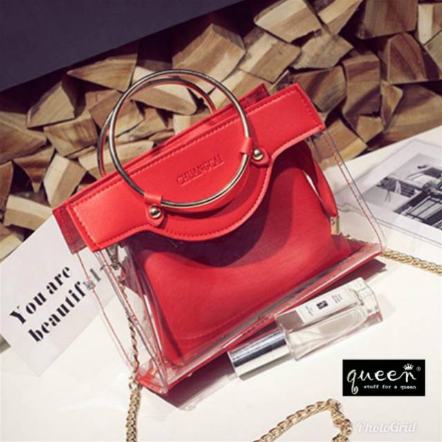 Sale Fashion Tas Selempang Kulit Wanita Simple Multi-Tas Transparant CUANKI Teng-teng Gelang Just RED Hanya MERAH