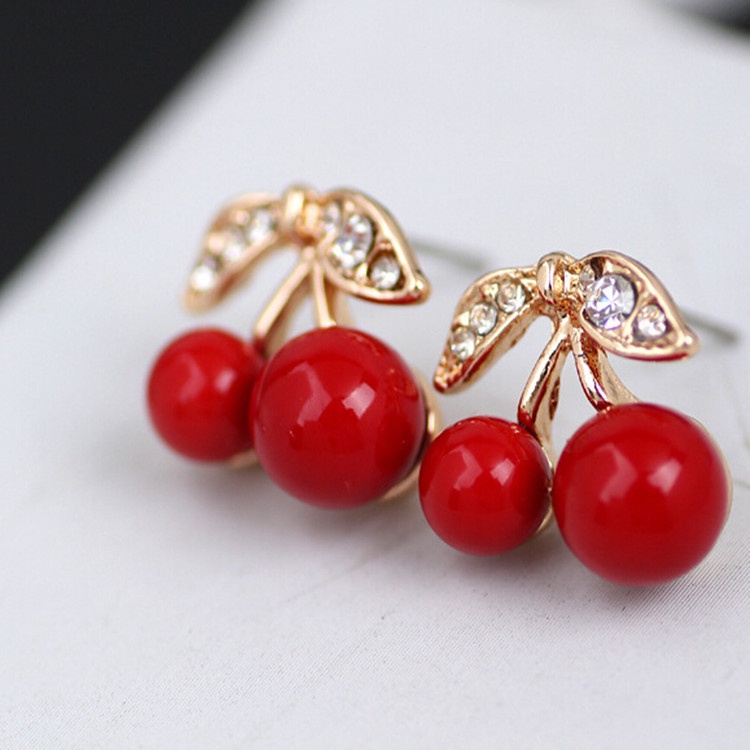 Japanese style cute red cherry stud anting-anting berlian imitasi anting-anting Dongdaemun ornamen a