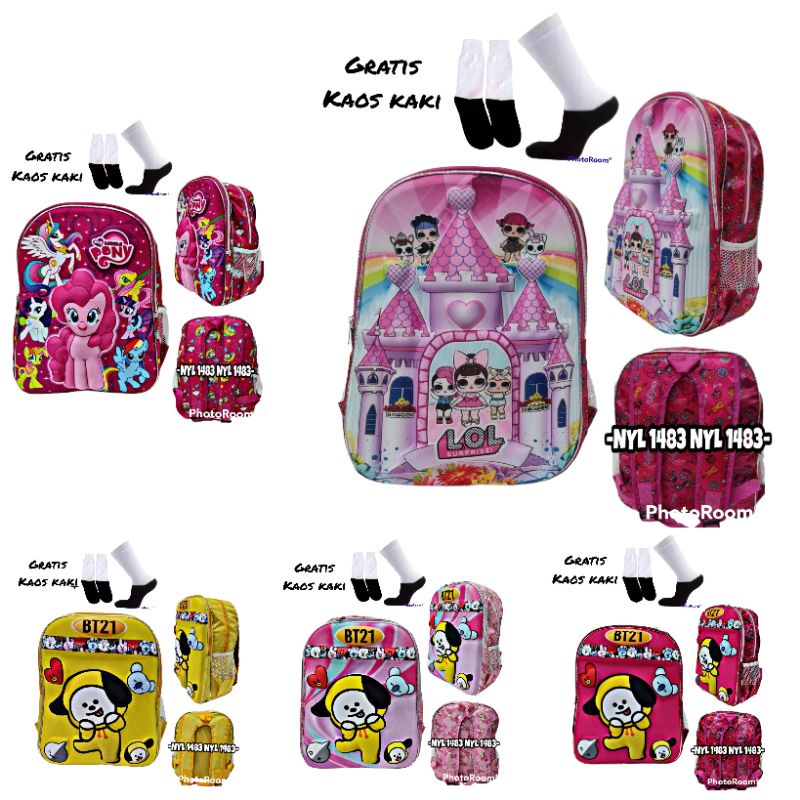 Tas ransel anak cewe Tk sd 3D gratis kaos kaki