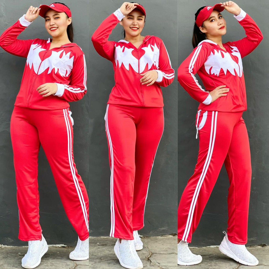 Baju Senam Setelan Lapangan Cycling Fitness Hijab Panjang Cakar Pendek Merah l Putih