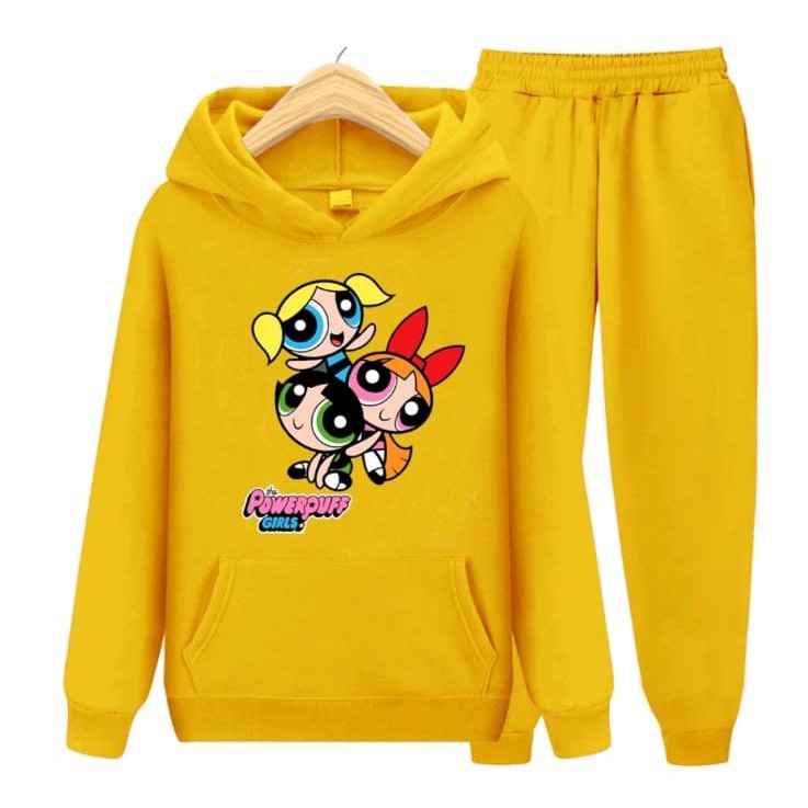 Setelan Sweater Anak Hoodie PowerPuff Girl/ Baju Topi Anak Perempuan