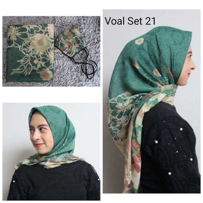Kerudung Segiempat Voal Printing Bonus Masker Kain