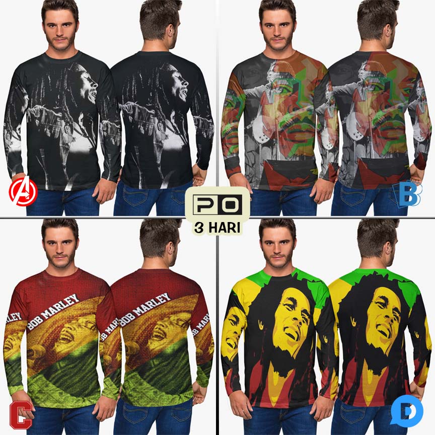 Kaos Tangan Panjang Bob Marley Reggae Tshirt Fullprint Bahan Polyester Jersey