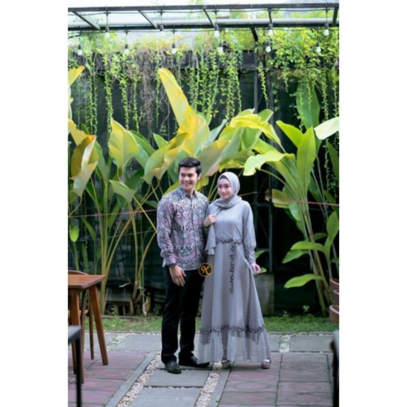 BAJU BATIK COUPLE SARIMBIT MODEL GAMIS TILLE TUTU DOTTY KEMEJA BATIK WARNA SILVER ABU GREY PESTA