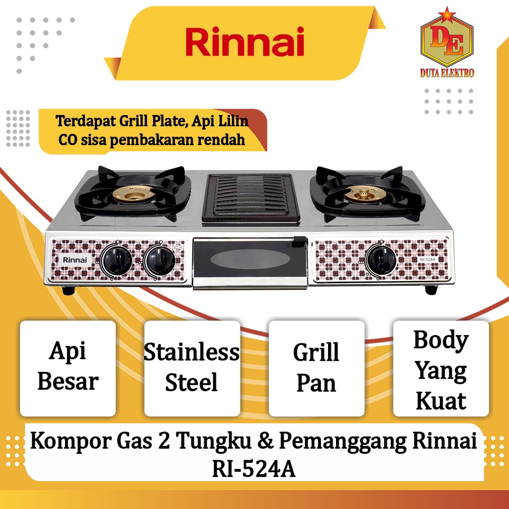 Kompor Gas 2 Tungku Rinnai RI 524 A Pemanggang